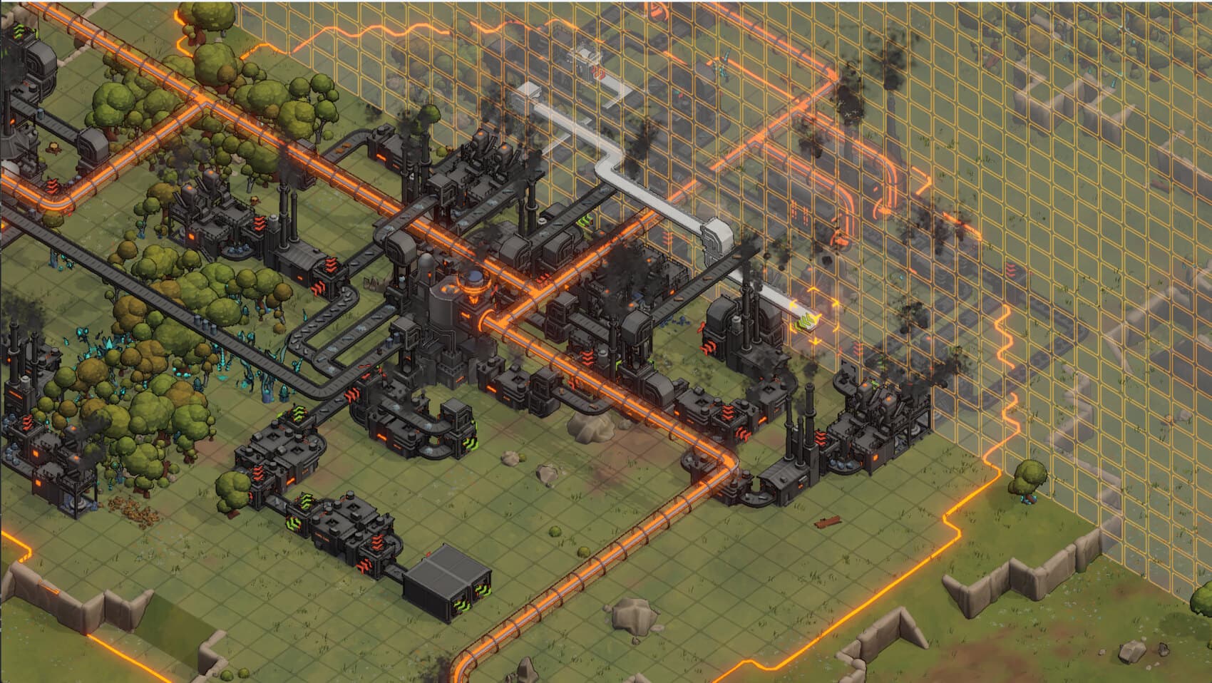 A dense multi-layer factory with the power grid overlay visible