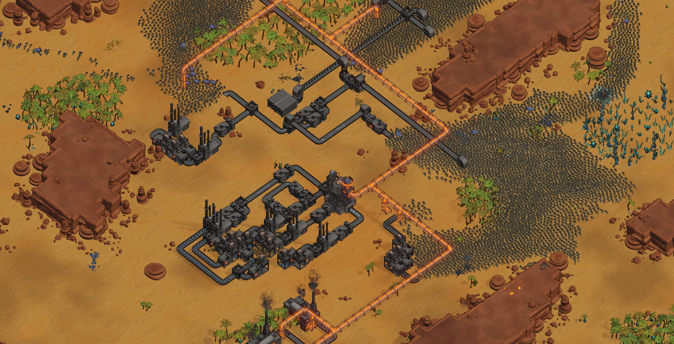 A vast fungal horde crossing the desert toward a factory